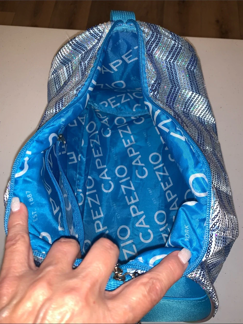 Blue sequin Capezio Chevron Barrel Bag all-over chevron-patterned DANCE